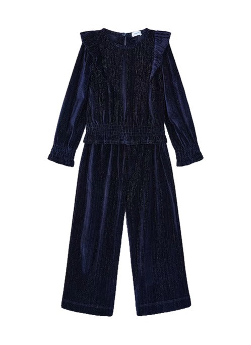 Mayoral girls velvet pant set, navy, front view