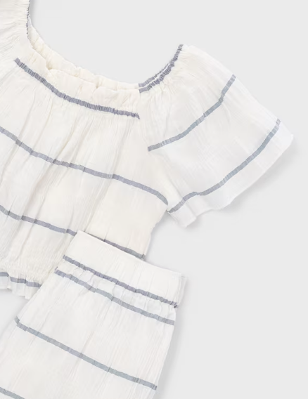 Mayoral girls porcelain stripe muslin crop top and wide leg pants set, close-up of the fabric