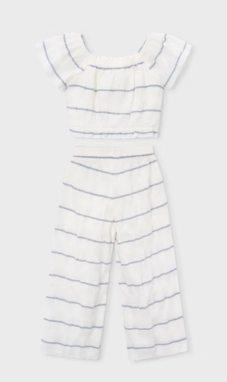 Mayoral girls porcelain stripe muslin crop top and wide leg pants set, back view