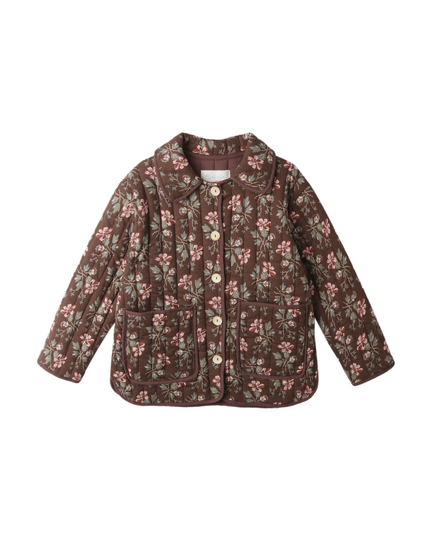 Girls Clara quilted coat, winter floral brown, front view