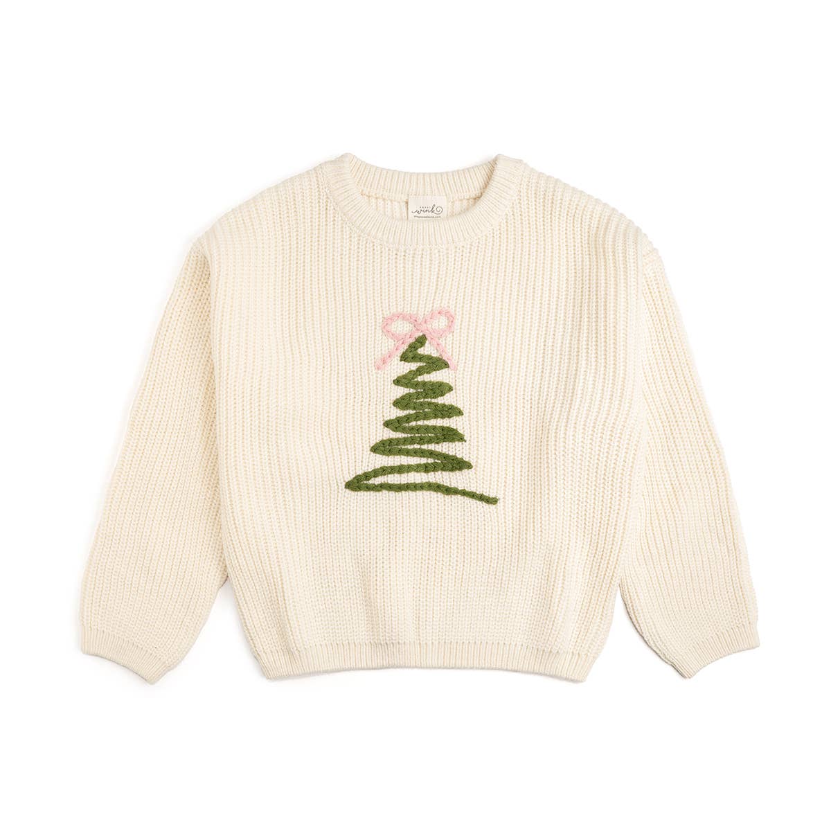 Girls ivory coquette Christmas tree knit sweater, flat front view