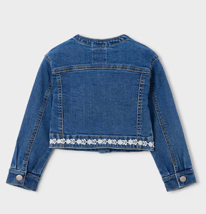 Mayoral girls dark wash denim jacket with floral lace applique, back view