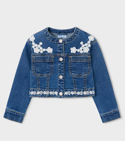 Mayoral girls dark wash denim jacket with floral lace applique, front view