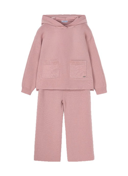 Mayoral girls knit plush detail hoodie wide leg lounge set, makeup blush pink, detail