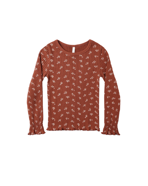 Girls ribbed long sleeve shirt, ruby ditsy floral, front view