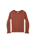 Girls ribbed long sleeve shirt, ruby ditsy floral, front view