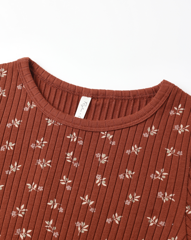 Girls ribbed long sleeve shirt, ruby ditsy floral, neckline detail