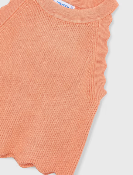 Mayoral girls peach scalloped knit halter tank top, close-up of the scalloped hem