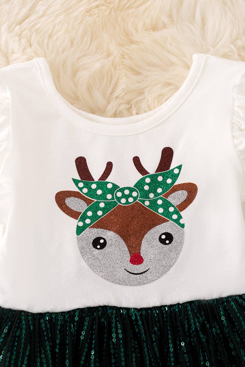 Girls fawn print dress with pine green sequin skirt, close-up of the fawn print top
