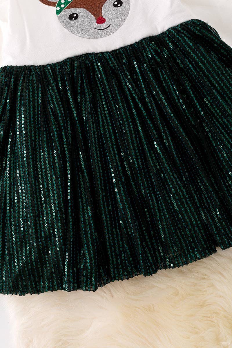 green sequined skirt reindeer print long sleeve dress for toddler girls