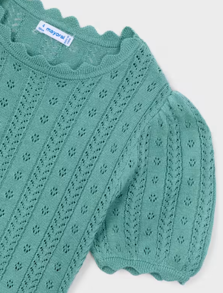 Mayoral girls mint scalloped knit short sleeve top, close-up of the knit