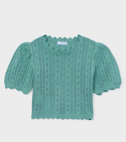 Mayoral girls mint scalloped knit short sleeve top, front view