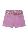 Mayoral girls sustainable cotton twill belted shorts, orchid pink, front view