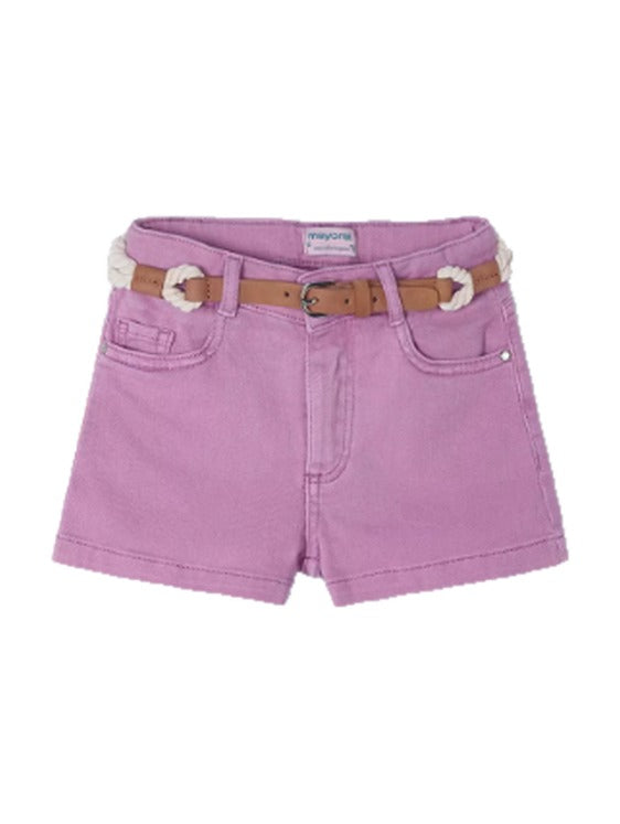 Mayoral girls sustainable cotton twill belted shorts, orchid pink, front view
