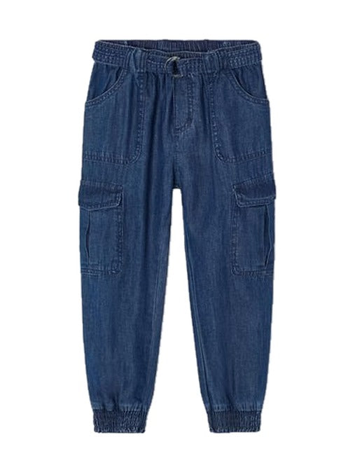 Mayoral girls sustainable tencel soft denim jogger cargo pants, dark wash, front view