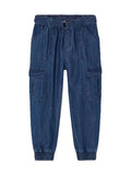 Mayoral girls sustainable tencel soft denim jogger cargo pants, dark wash, front view