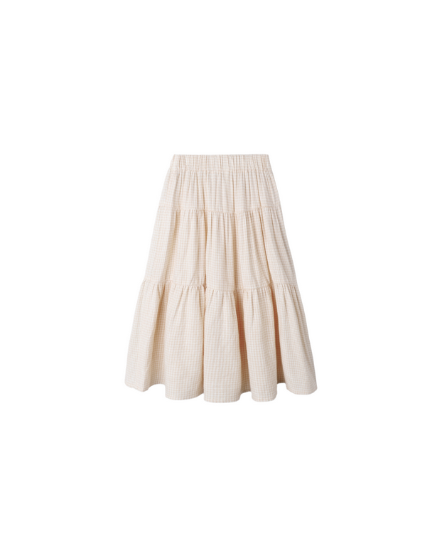 Girls tiered midi skirt, petal gingham, front view