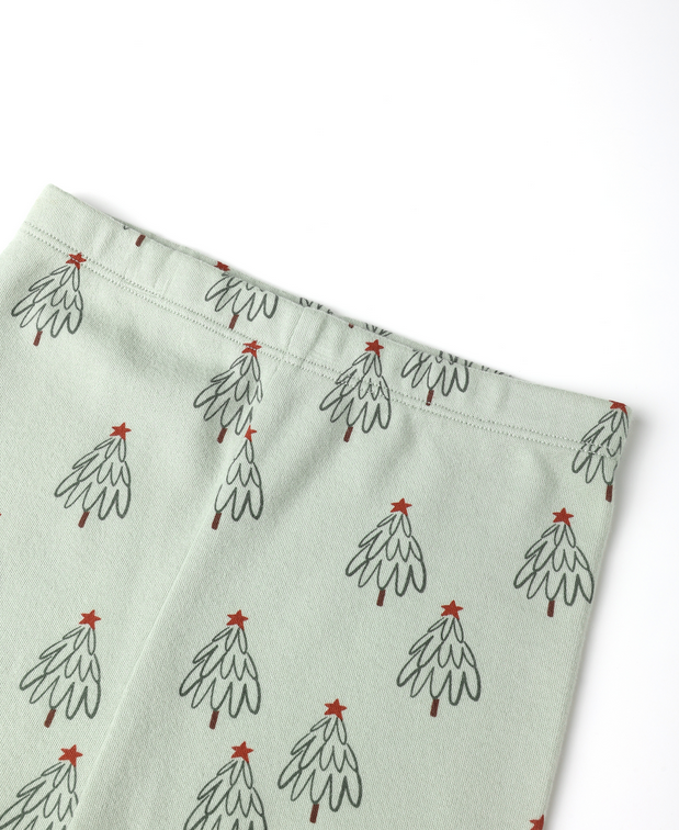 Organic cotton pajama set, trees pistachio, print detail
