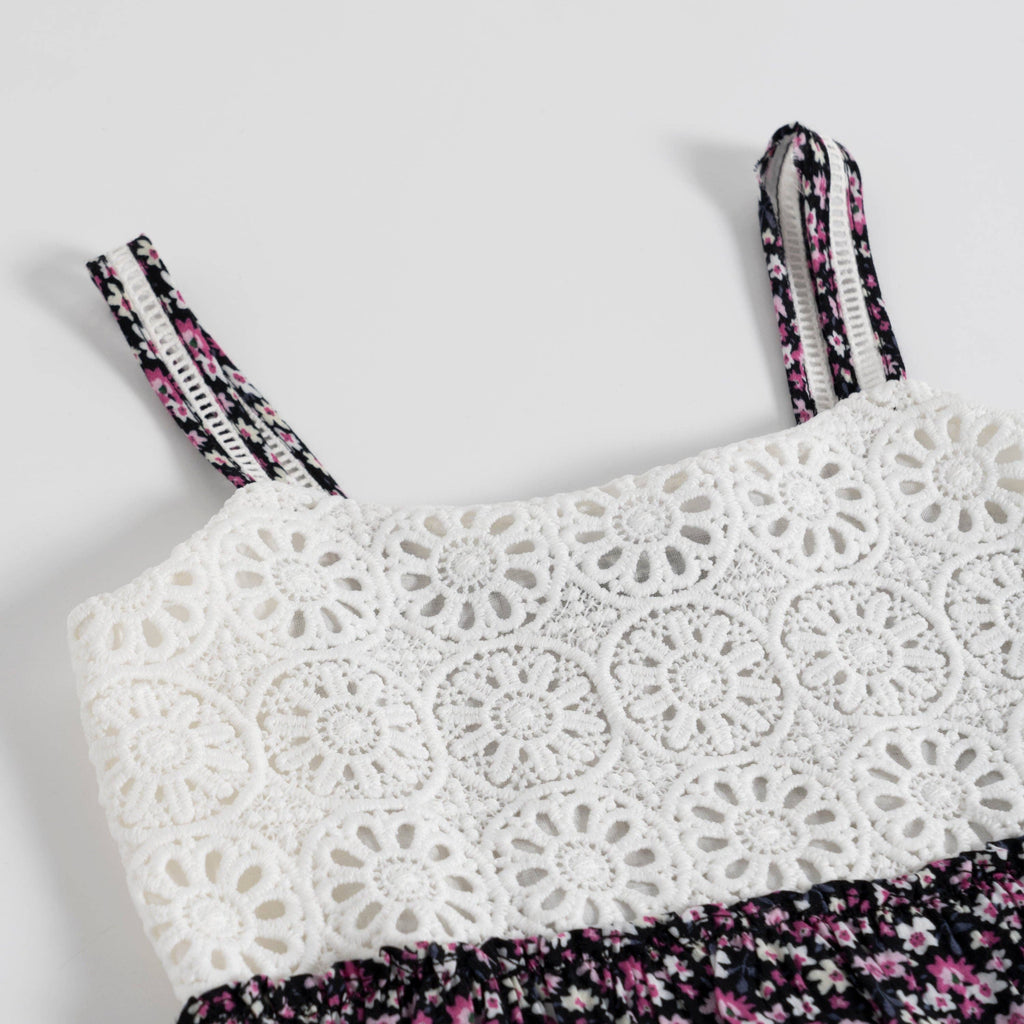Girls crochet lace bodice black micro floral maxi sundress, close-up of the crochet bodice