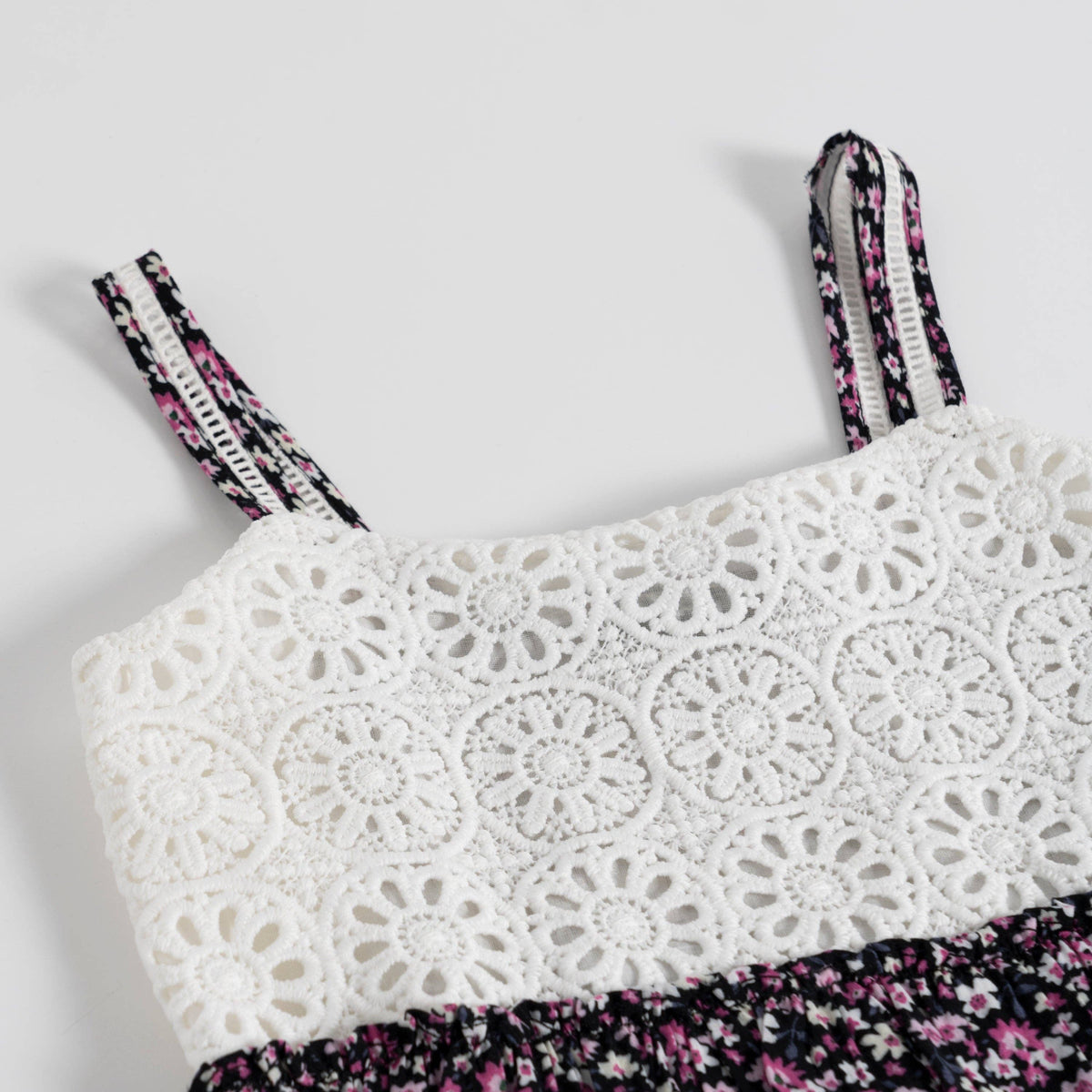 Girls crochet lace bodice black micro floral maxi sundress, close-up of the crochet bodice