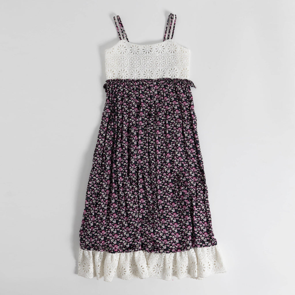 Girls crochet lace bodice black micro floral maxi sundress, front view