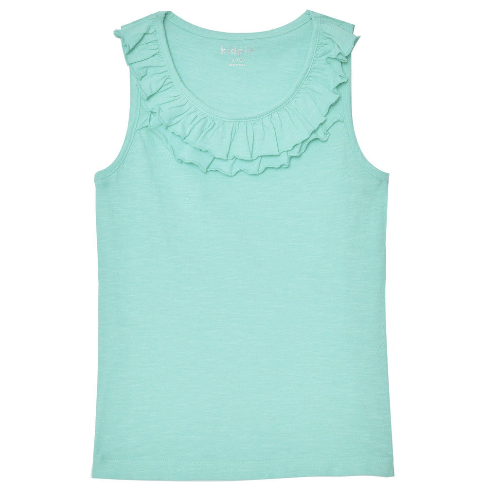 Girls island paradise blue double ruffle neck tank top, front view