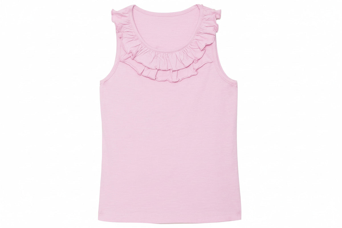 Girls orchid light pink double ruffle neck tank top, front view