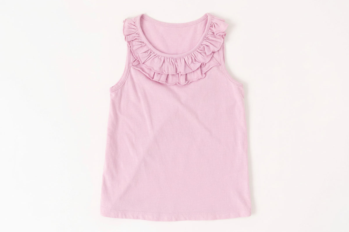 Girls orchid light pink double ruffle neck tank top, flat lay