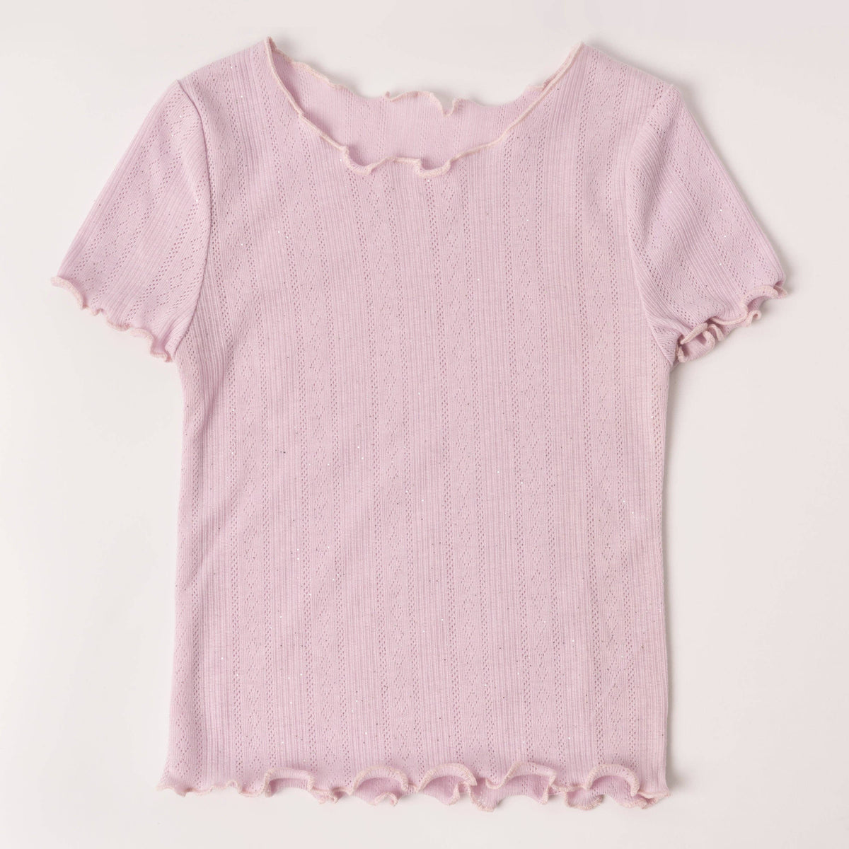 Girls ballerina pink lettuce edge pointelle tee, front view