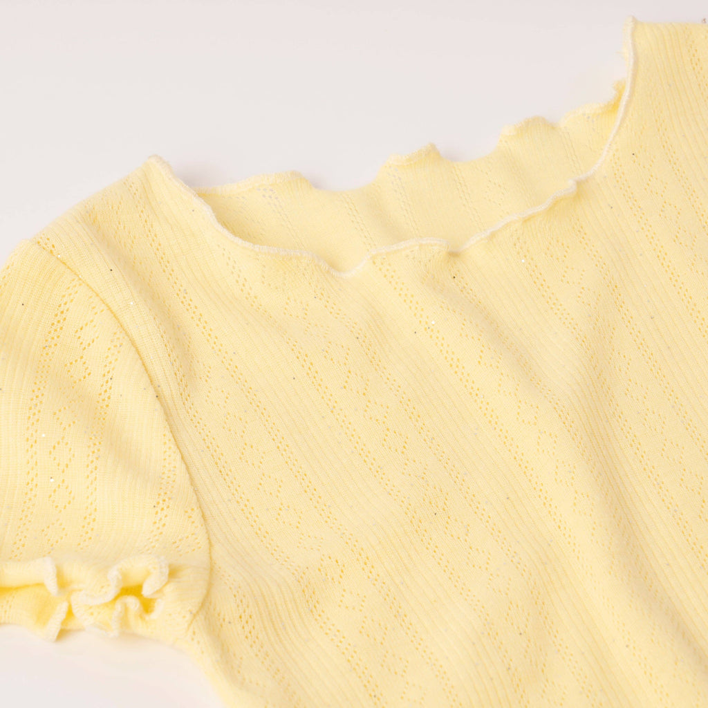 Girls lemonade yellow lettuce edge pointelle tee, close-up of the lettuce edge neckline