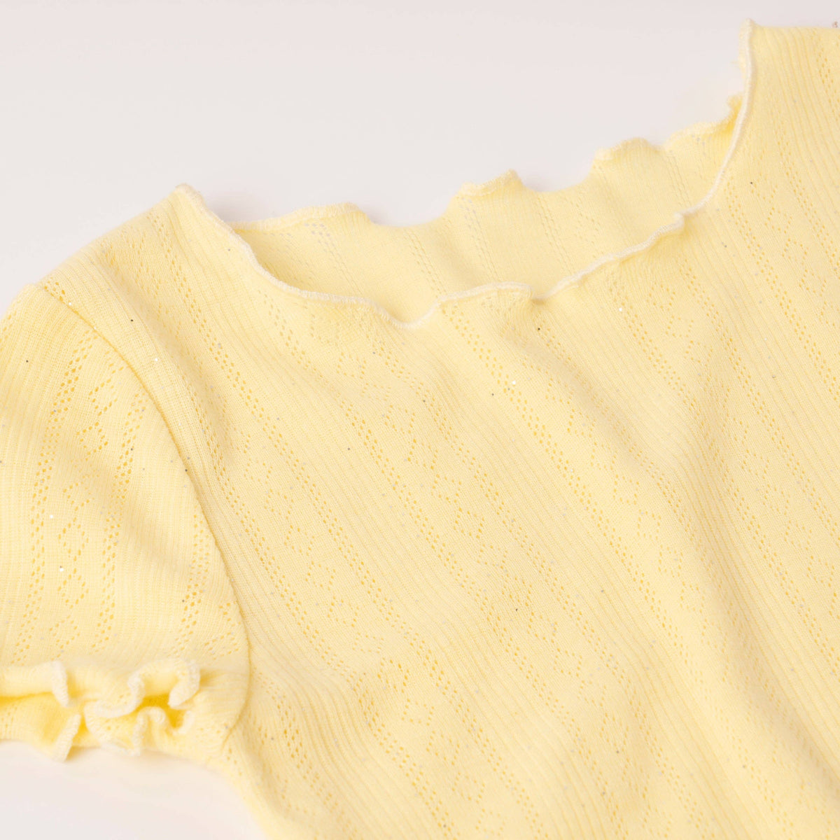 Girls lemonade yellow lettuce edge pointelle tee, close-up of the lettuce edge neckline