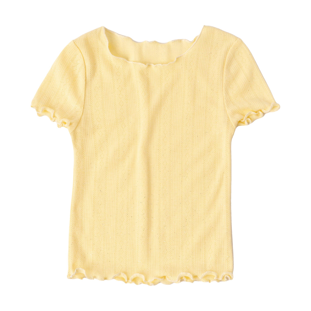 Girls lemonade yellow lettuce edge pointelle tee, front view