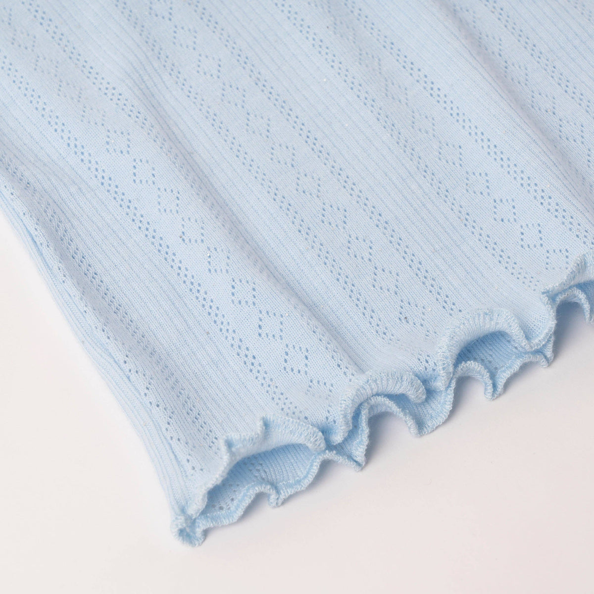 Girls powder blue lettuce edge pointelle tee, close-up of the sleeve edge