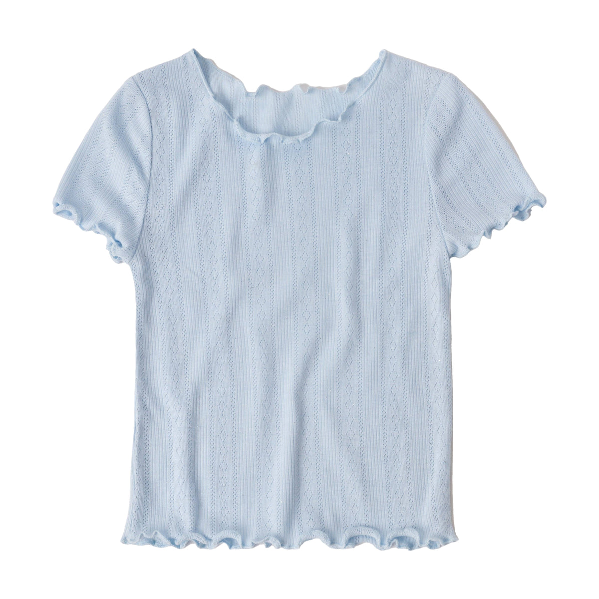 Girls powder blue lettuce edge pointelle tee, front view