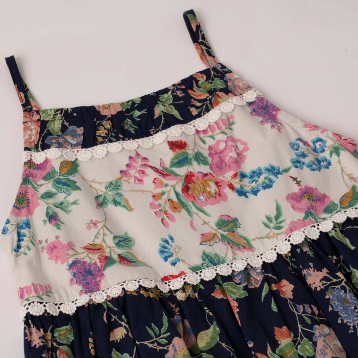 Girls mixed floral babydoll dress with crochet lace trim, close-up of the bodice