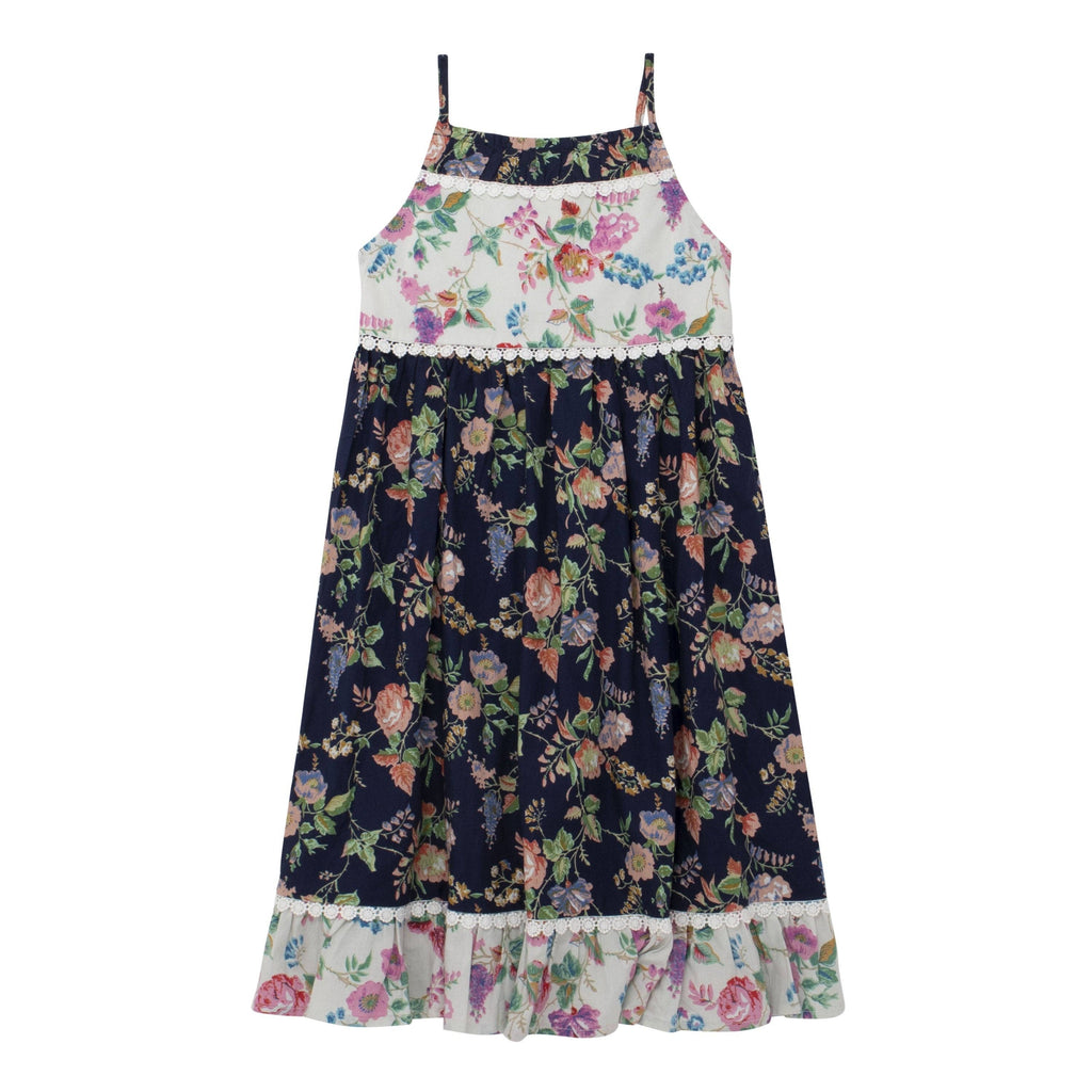 Girls mixed floral babydoll dress with crochet lace trim, front view, full length
