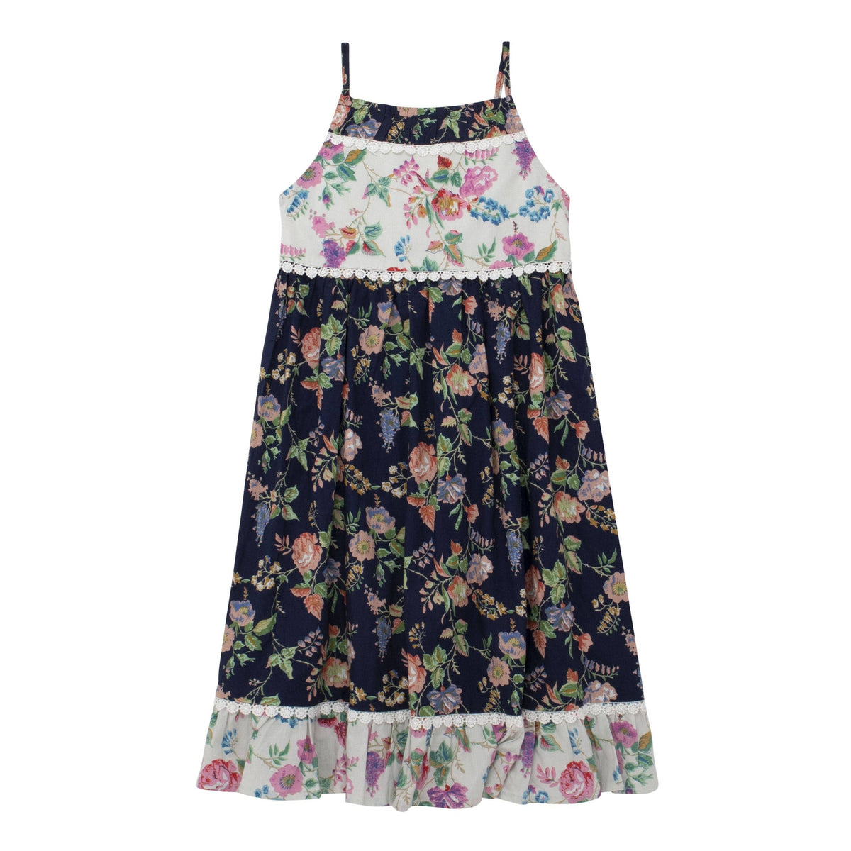 Girls mixed floral babydoll dress with crochet lace trim, front view, full length
