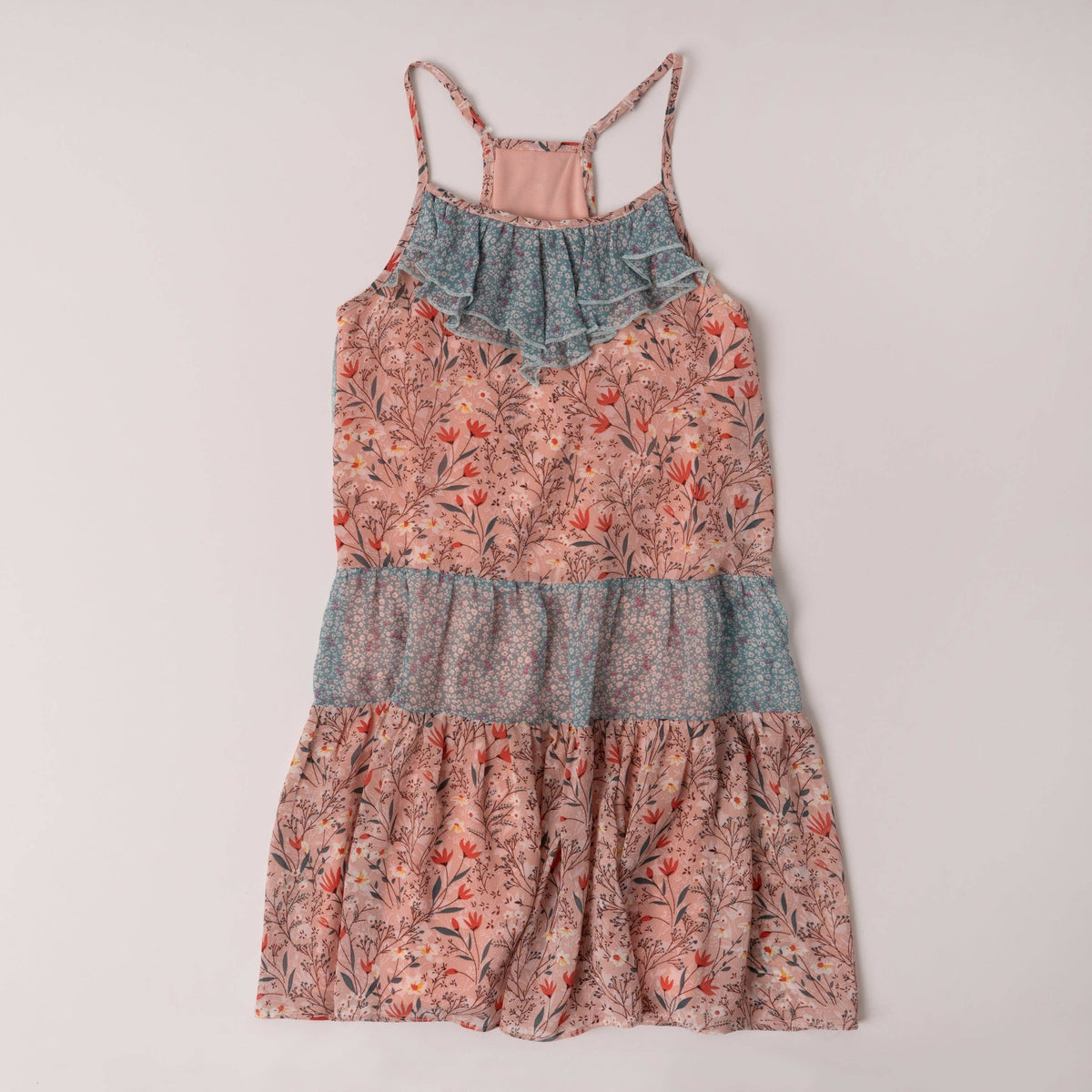 Girls potpourri and blue floral ruffle halter sundress, flat lay