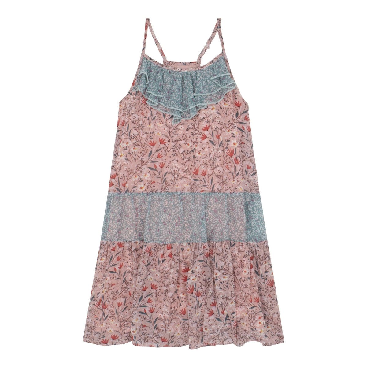 Girls potpourri and blue floral ruffle halter sundress, front view