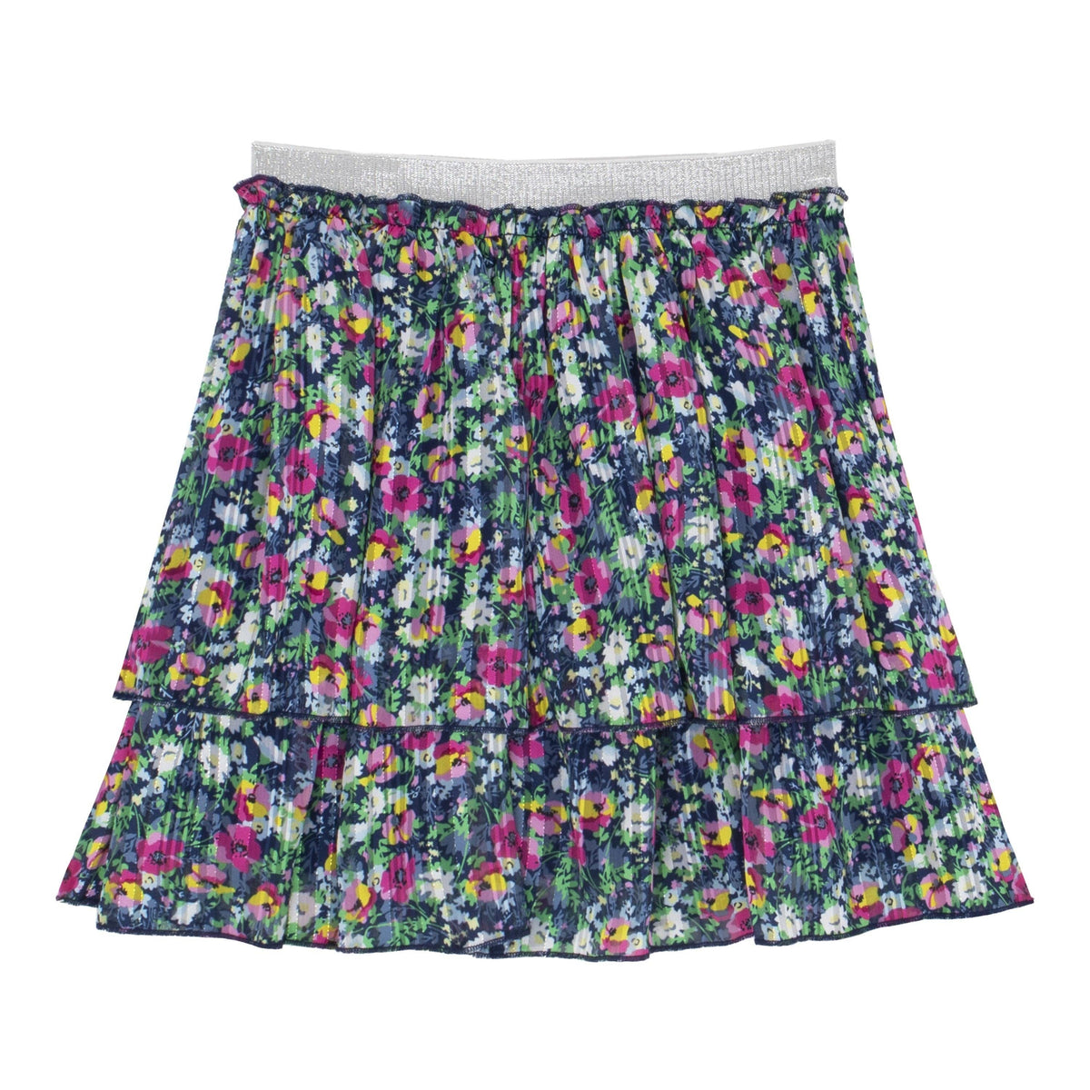 Girls navy and fuchsia micro floral tiered skirt with silver lurex, back view