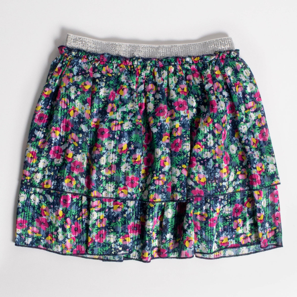 Girls navy and fuchsia micro floral tiered skirt with silver lurex, front view