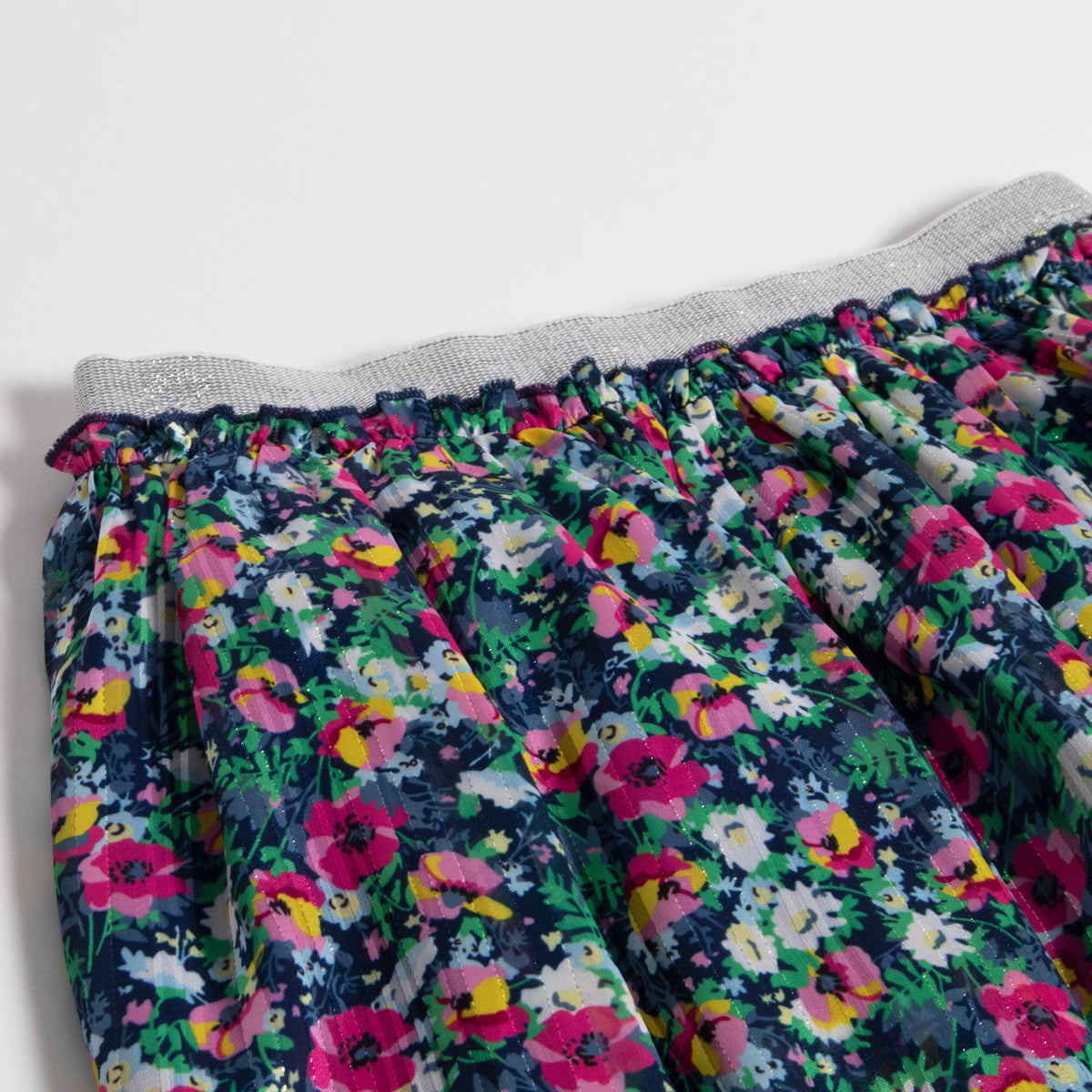 Girls navy and fuchsia micro floral tiered skirt with silver lurex, close-up of the fabric