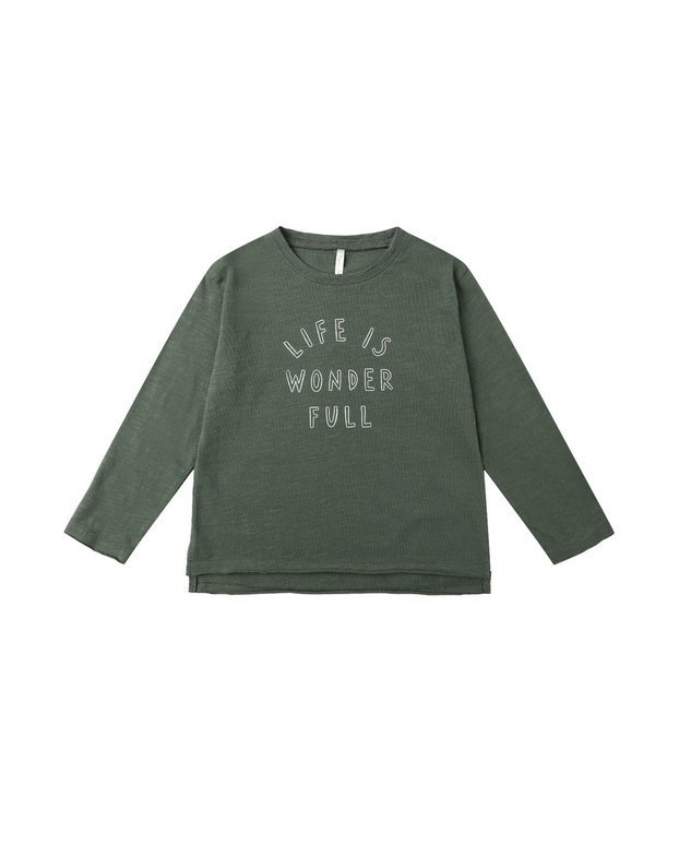 Long sleeve graphic tee, Life is Wonder Full evergreen, front view