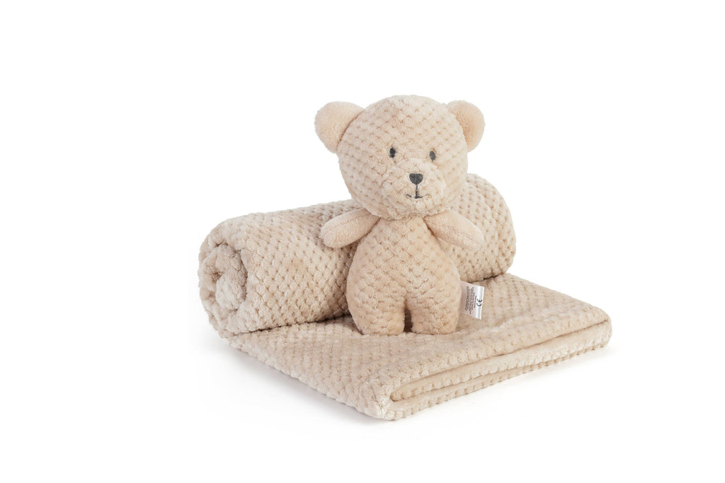 Beige minky plush baby blanket with bear cuddle toy, rolled with the bear