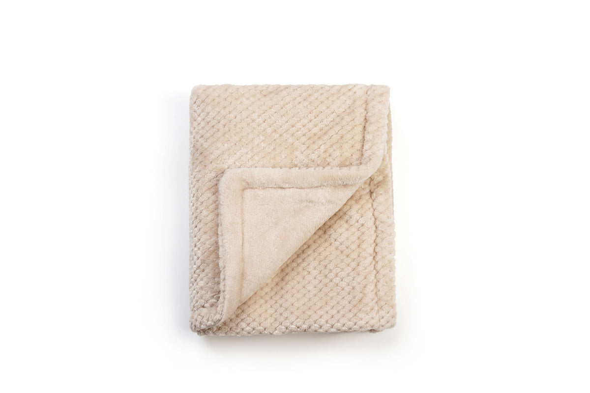Beige minky plush baby blanket with bunny cuddle toy, folded blanket