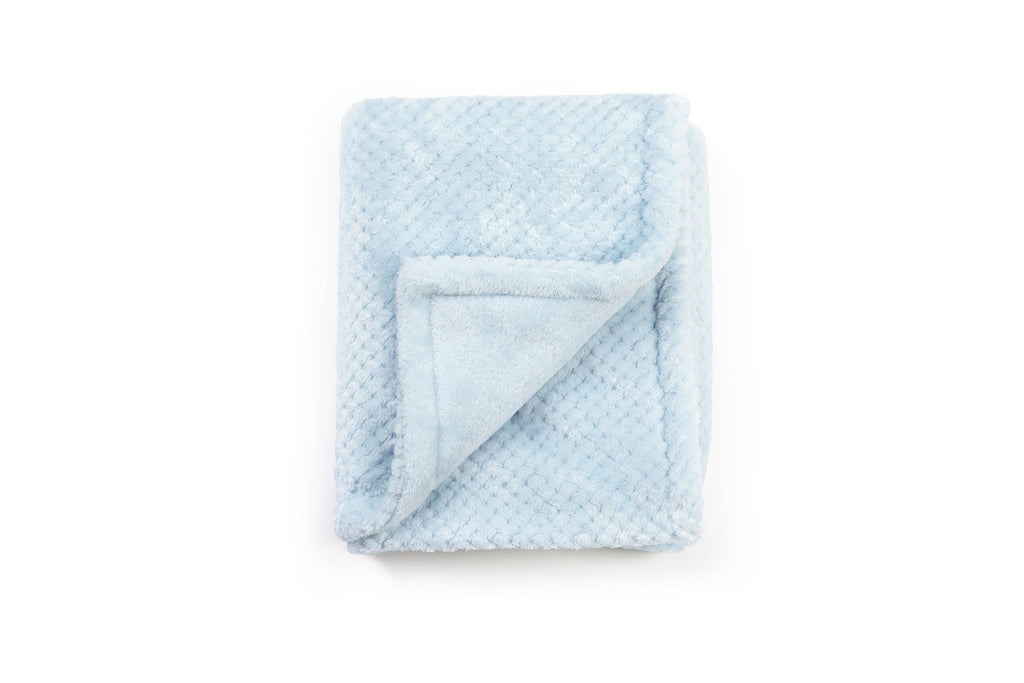 Blue minky plush baby blanket with bear cuddle toy, folded blanket
