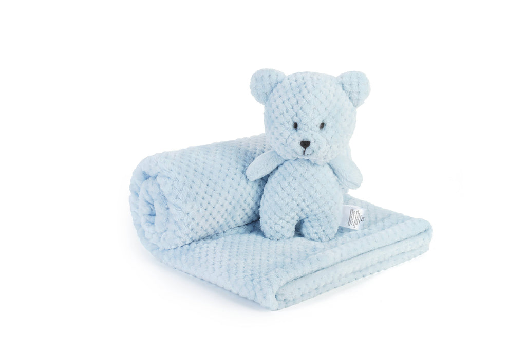 Blue minky plush baby blanket with bear cuddle toy, rolled with the bear