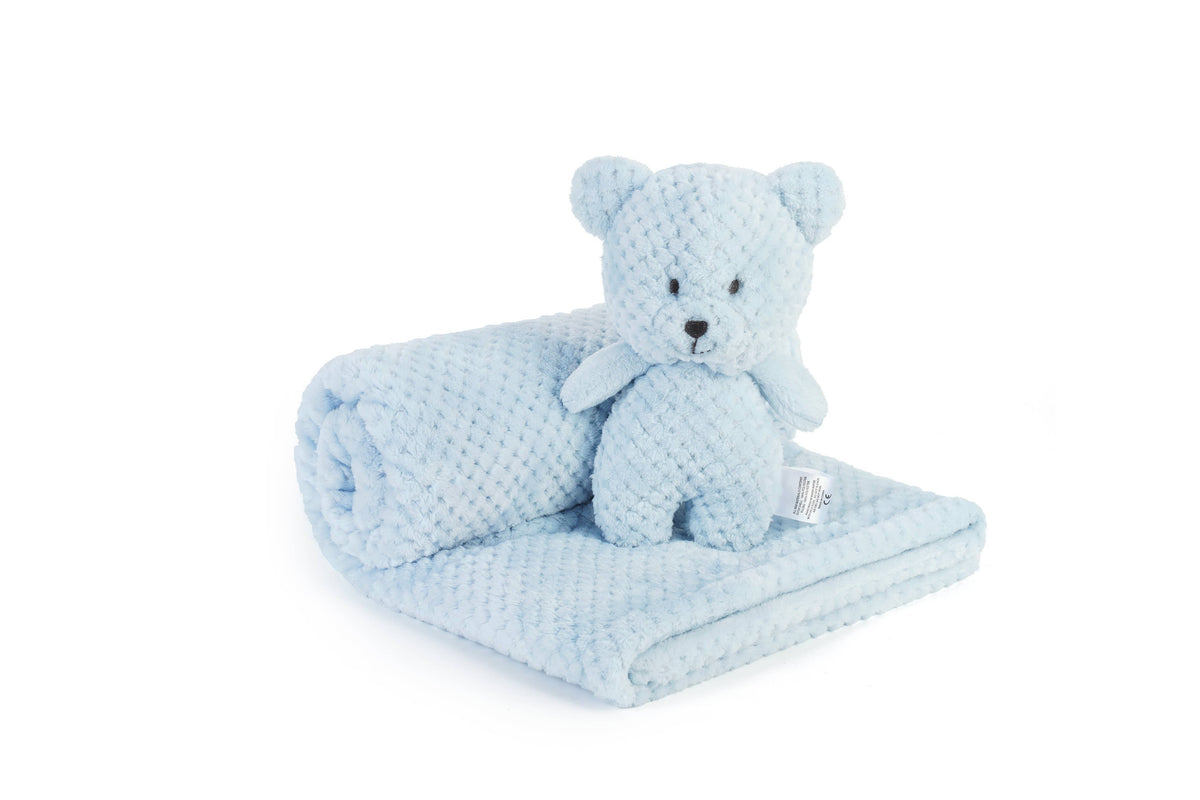 Blue minky plush baby blanket with bear cuddle toy, rolled with the bear
