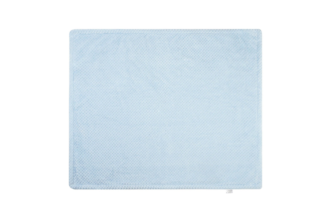 Blue minky plush baby blanket with bear cuddle toy, blanket laid flat