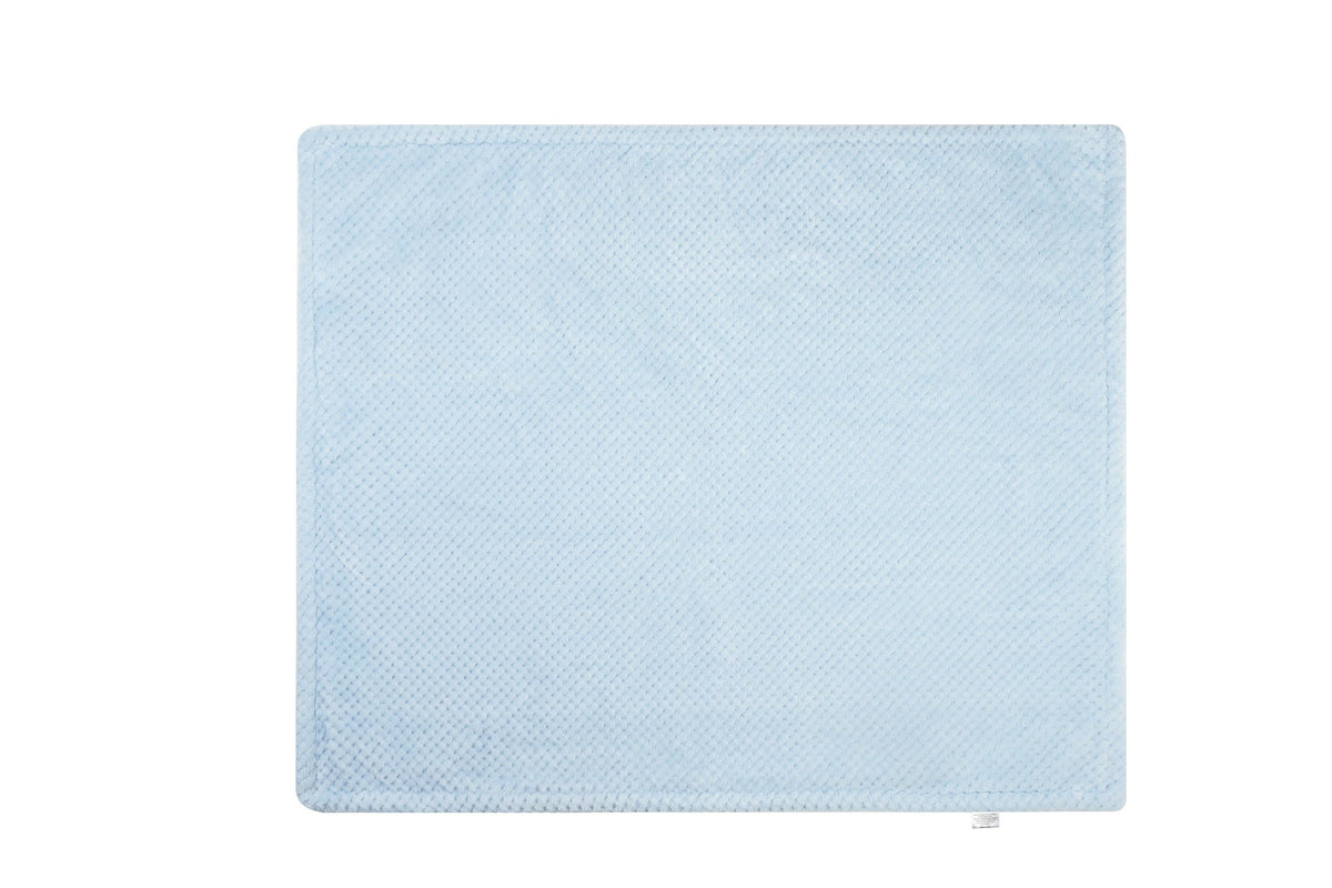 Blue minky plush baby blanket with bear cuddle toy, blanket laid flat